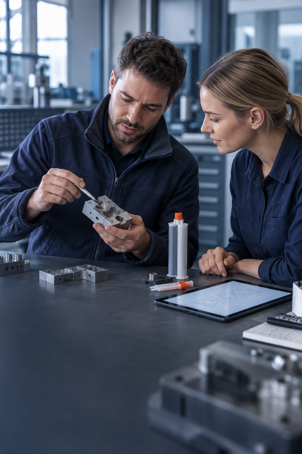Engineers reviewing an adhesive assembly project
